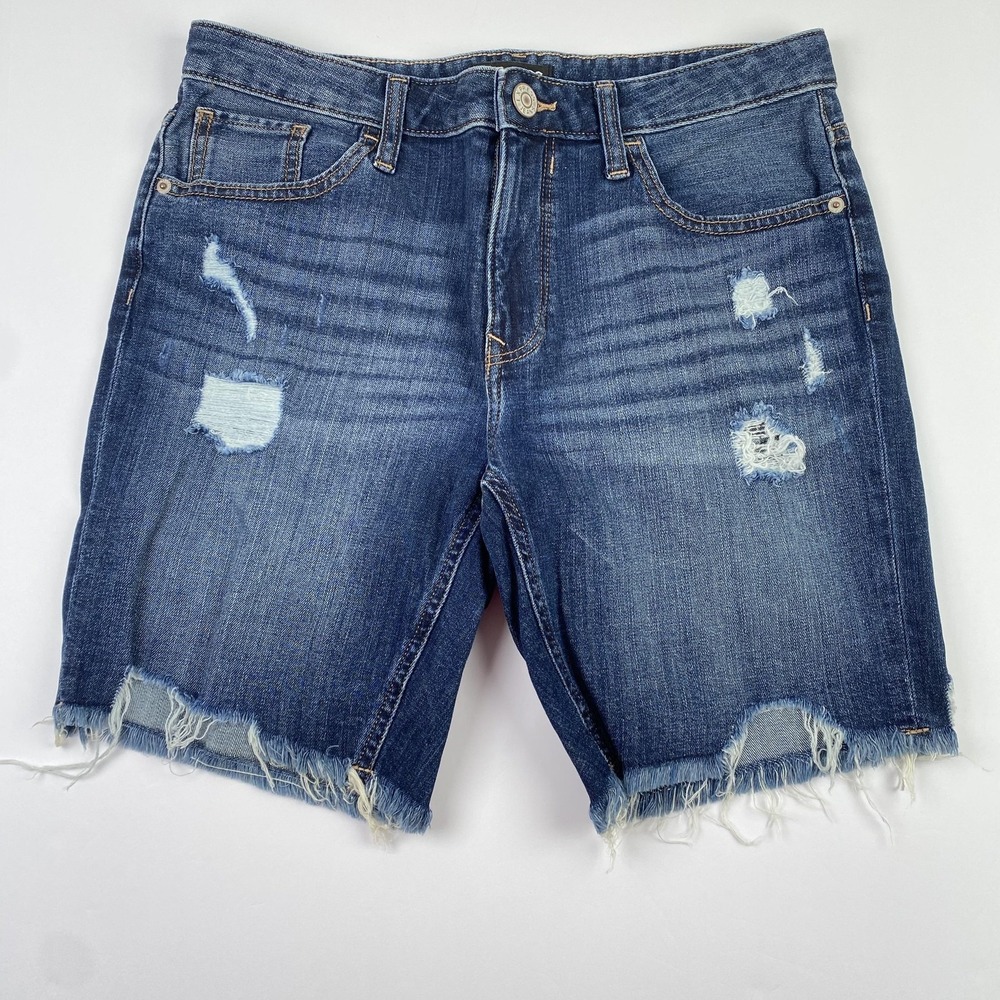 Express Bermuda Shorts Womens 4 (30x7.5) Mid Rise Blue Distressed Frayed Hem